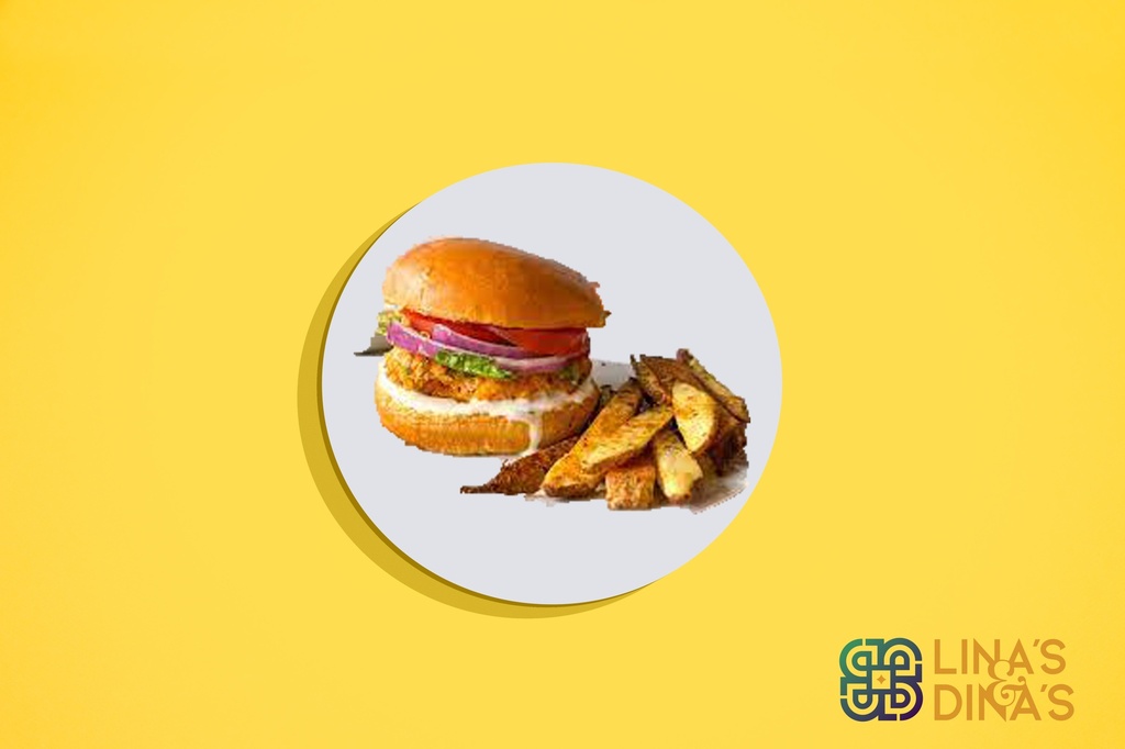 Chicken Burger with baked fries /برغر الدجاج